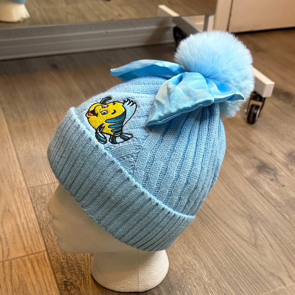 Disney Light Blue Kids Beanie with Bow and Cartoon Patch the little mermaid - Picture 2 of 5